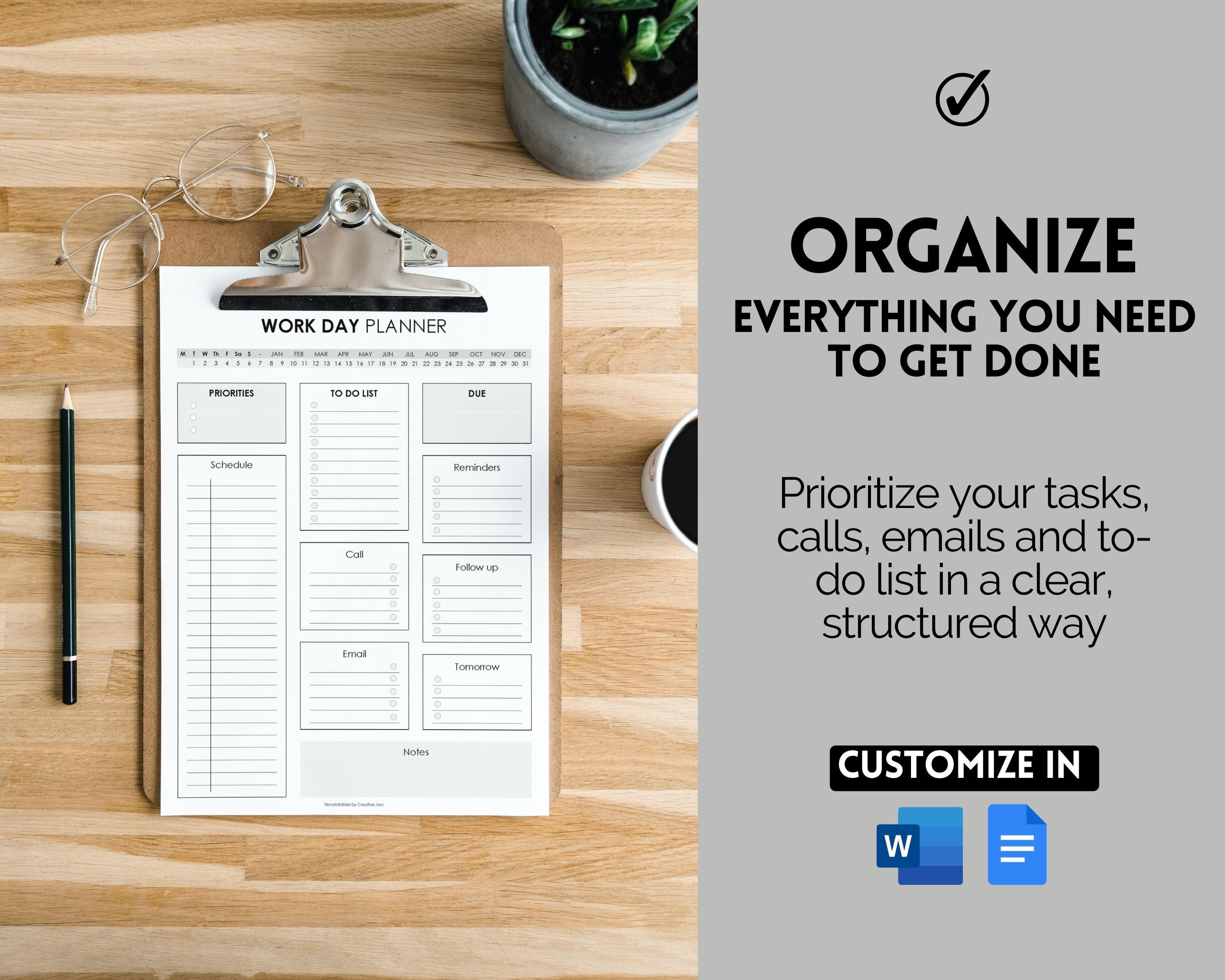 Editable Work Day Organizer, Daily Planner, Work From Home to Do List ...