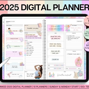 Può includere: Un planner digitale per il 2025 con uno schema di colori rosa pastello, blu e giallo. Il planner include 10 planner diversi e oltre 100 modelli. Il planner è datato da gennaio 2025 a dicembre 2025.