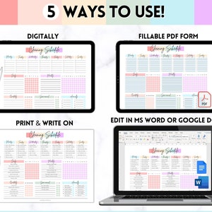 Op de afbeelding: Een digitale schoonmaakschema-sjabloon met een roze, perzik en lichtblauwe kleurschema. De sjabloon wordt in vier verschillende formaten weergegeven: digitaal, als een invulbaar PDF-formulier, afgedrukt en met de hand geschreven, en bewerkbaar in Microsoft Word of Google Docs. De tekst "Cleaning Schedule" staat bovenaan de sjabloon.