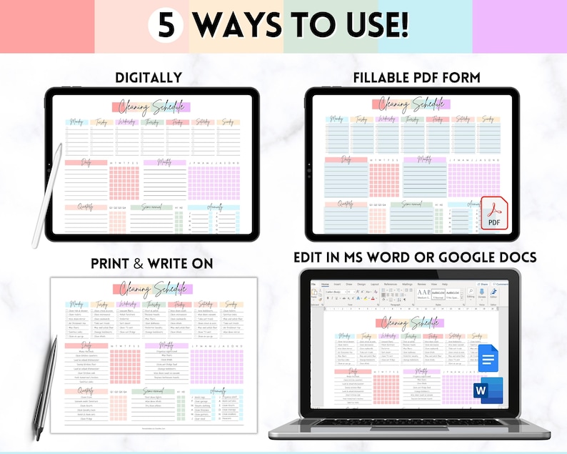 Op de afbeelding: Een digitale schoonmaakschema-sjabloon met een roze, perzik en lichtblauwe kleurschema. De sjabloon wordt in vier verschillende formaten weergegeven: digitaal, als een invulbaar PDF-formulier, afgedrukt en met de hand geschreven, en bewerkbaar in Microsoft Word of Google Docs. De tekst "Cleaning Schedule" staat bovenaan de sjabloon.