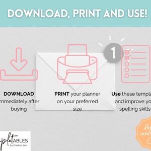 May include: A digital download graphic with the text "DOWNLOAD, PRINT AND USE!". The image includes icons for downloading, printing, and using templates to improve spelling skills. The bottom left corner has the text "TemplatABLES by Creative Jam".