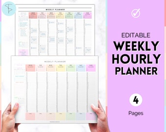 May include: Editable weekly hourly planner with four pages. The planner has a pastel color scheme and includes a calendar, weekly task list, and hourly schedule for each day of the week.