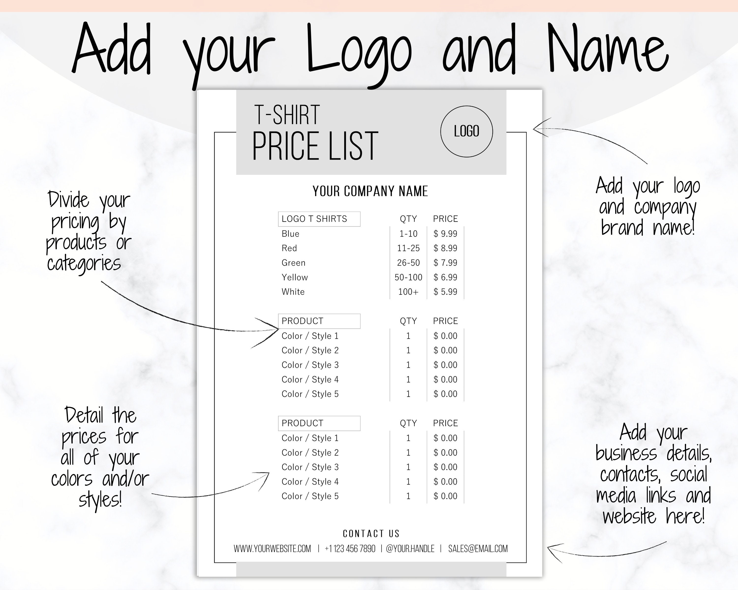 Tshirt PRICE LIST Template Editable | Printable Price Sheet & Price Guide |  Mono