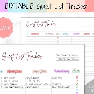 Guest List Template, Editable Guest List Tracker with RSVP, Party, Events, Birthday & Wedding Guest List, Wedding Planner Printable, Gifts