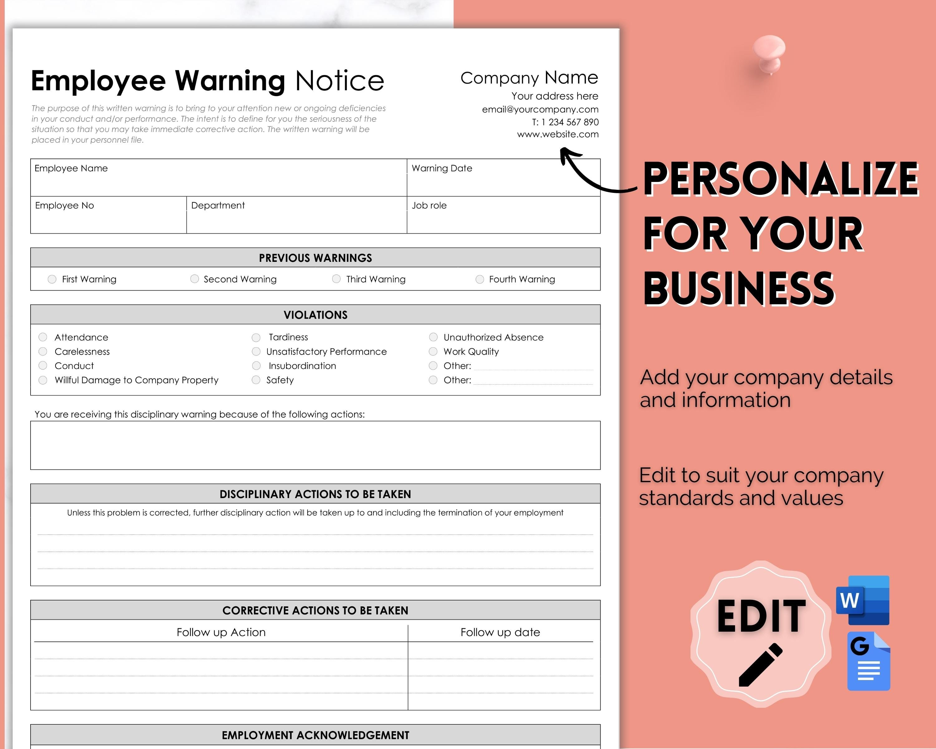 Specific Performance Notice Format Employee Warning Notice, EDITABLE Disciplinary Form, Small Business ...