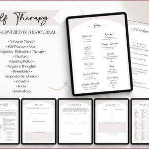 May include: A digital journal with a pink and white cover that says "Self Therapy" and lists the areas covered in the journal, including "A Vow to Myself", "Self Therapy Goals", "Cognitive-Behavioral Therapy", "The Past", "Limiting Beliefs", "Negative Thoughts", "Boundaries", "Imposter Syndrome", "Growth", "Tools", and "Journaling".