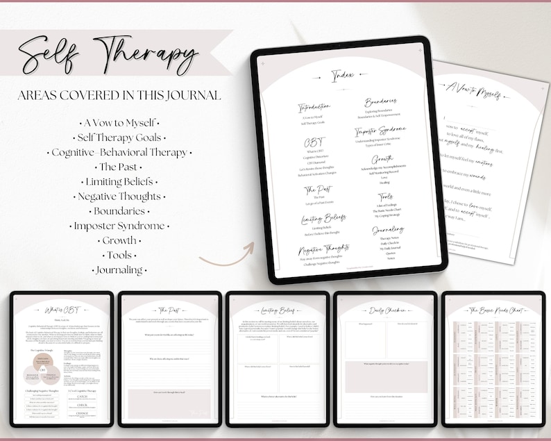 May include: A digital journal with a pink and white cover that says "Self Therapy" and lists the areas covered in the journal, including "A Vow to Myself", "Self Therapy Goals", "Cognitive-Behavioral Therapy", "The Past", "Limiting Beliefs", "Negative Thoughts", "Boundaries", "Imposter Syndrome", "Growth", "Tools", and "Journaling".