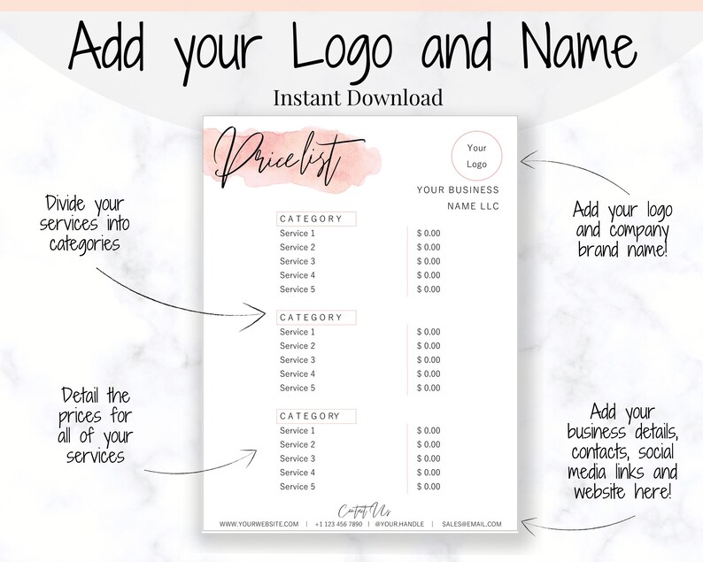 Editable PRICE LIST Template. Printable Price Sheet Price | Etsy