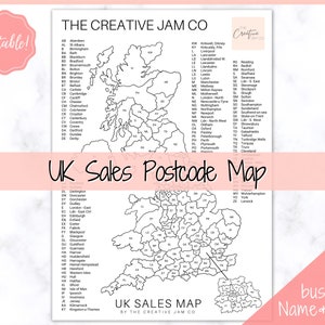 EDITIERBARE UK Postleitzahl Verkaufskarte, Geschäftsfarbe in der Karte, Etsy Sales Tracker, Postleitzahl, druckbare Karte für Verkäufe, Malblatt, Farbe
