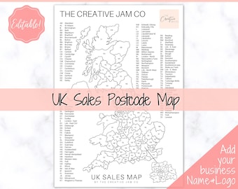 EDITABLE UK Postcode Sales Map, Business Colour in Map, Etsy Sales Tracker, Post Code, Printable Map for Sales, Colouring Sheet, Color