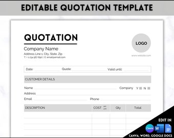 Quote Template, EDITABLE Quotation Form, Small Business, Invoice Order, Job Estimate Form, Word, Canva, Google Docs, Proposal