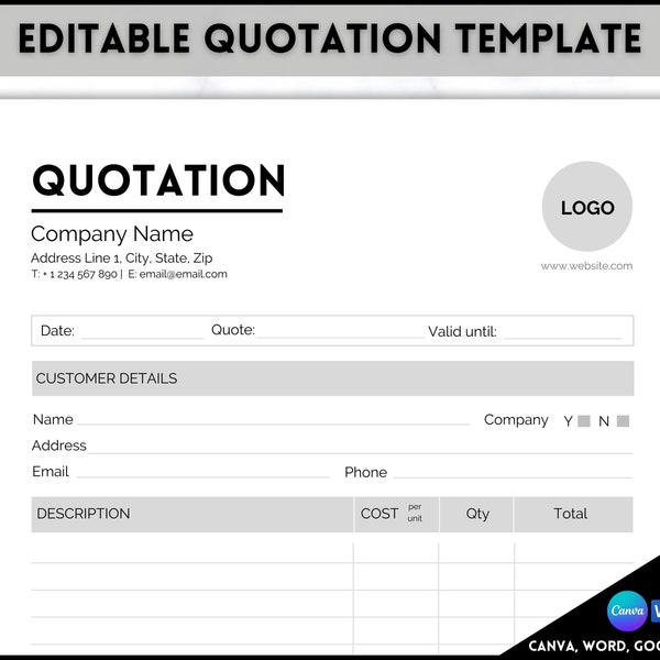 Quotation Template, EDITABLE Quote Form, Small Business, Invoice Order, Job Estimate Form, Word, Canva, Google Docs, Proposal