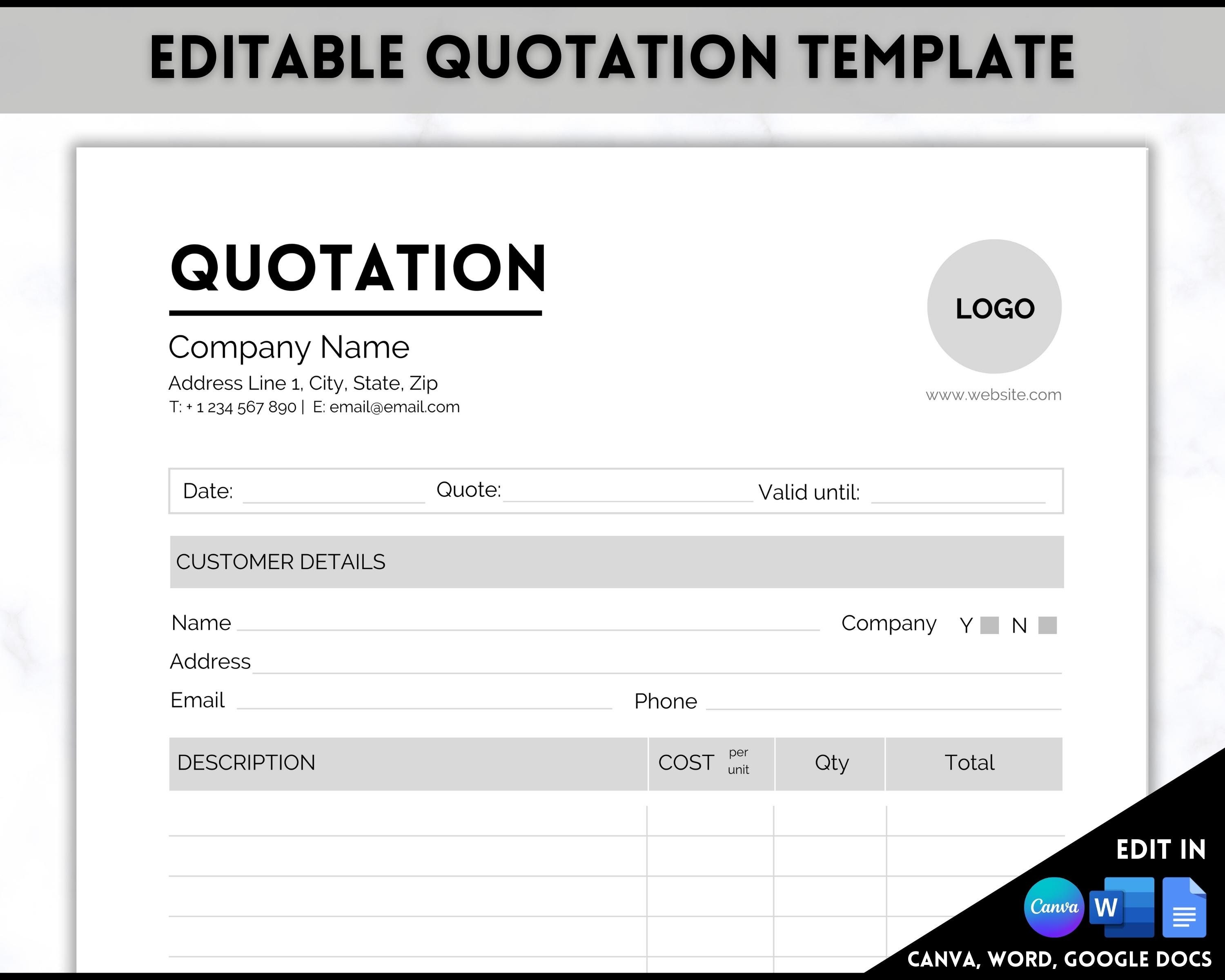Quotation Template EDITABLE Quote Form Small Business - Etsy Finland