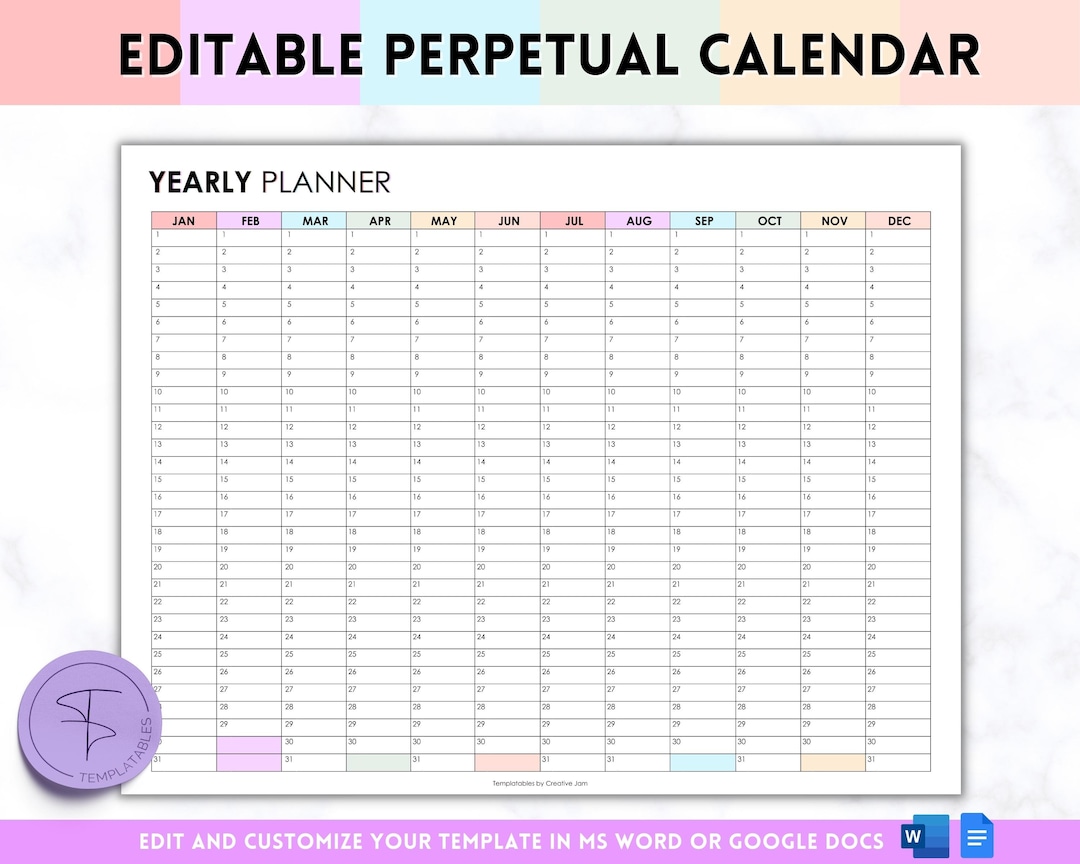 Perpetual Calendar, EDITABLE Yearly Overview, Undated Year at a Glance, Reusable Calendar, Year ...