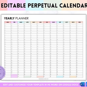 Perpetual Calendar, EDITABLE Yearly Overview, Undated Year at a glance, Reusable calendar, Year on one page, Annual Planner, 12 month