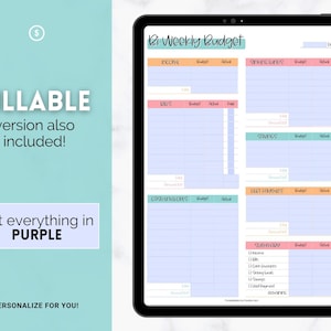 May include: A digital bi-weekly budget planner with sections for income, bills, savings, debt payments, cash expenses, and a summary. The planner is customizable with editable fields in purple.