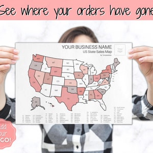May include: A printable US state sales map with pink and gray color accents. The map is titled "US State Sales Map" and includes the text "Your Business Name" and "By Templates".