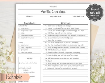 Recipe Page template, EDITABLE Recipe Book Template, Recipe Cards, Minimal Recipe Binder, 8.5x11 Printable Farmhouse, Food Planner Cookbook