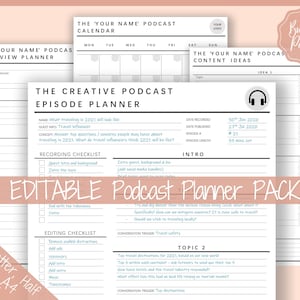 May include: A printable podcast planner pack with a calendar, interview planner, and episode planner. The pack includes a checklist for recording and editing, as well as space for content ideas. The planner is designed to help podcasters organize their workflow and create engaging content.