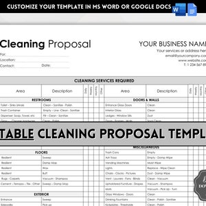 May include: A black and white cleaning proposal template with a checklist for different areas of a building, including restrooms, doors and walls, floors, exterior, and miscellaneous items. The template includes a section for your business name, services, and contact information.