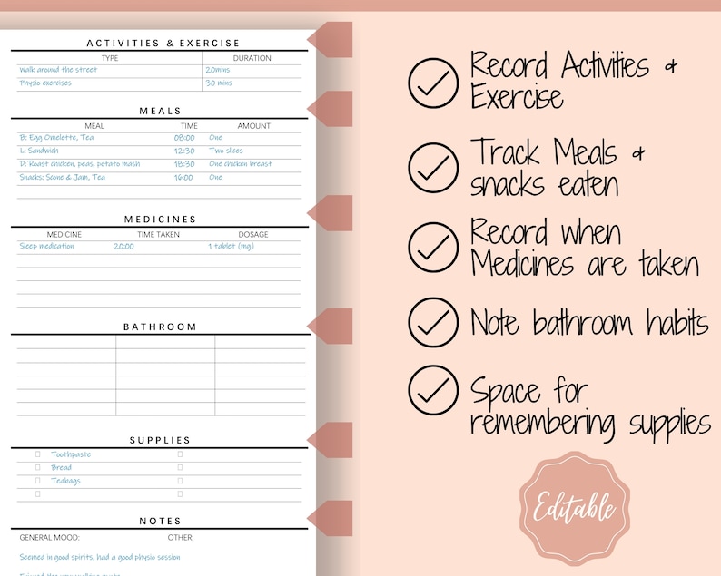 Elderly Care Caregiving Checklist. EDITABLE Printable is ...