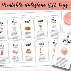 Marriage Milestone Wine Basket Tags, Printable Wine Bottle gift tags, Year of Firsts, Wedding, Bridal Shower Gift Basket, 2x3.5&quot; Wine Labels