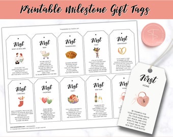Marriage Milestone Wine Basket Tags, Printable Wine Bottle gift tags, Year of Firsts, Wedding, Bridal Shower Gift Basket, 2x3.5" Wine Labels