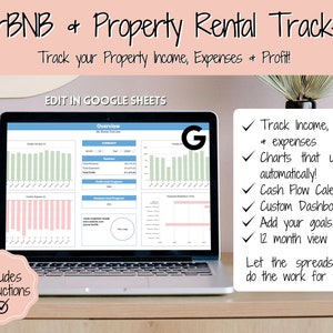 Peut inclure: Un ordinateur portable affichant un tableur Google Sheet avec un sch&eacute;ma de couleurs vert et rose. Le tableur est intitul&eacute; "Aper&ccedil;u" et comprend des graphiques et des diagrammes. Le texte "AirBNB & Property Rental Tracker" est en haut de l'image. Le texte "Track your Property Income, Expenses & Profit!" est sous le titre. Le texte "EDIT IN GOOGLE SHEETS" est sous le texte. Le texte "Includes Instructions" est dans le coin inf&eacute;rieur gauche de l'image. Le texte "Track Income, profit + expenses" est dans le coin sup&eacute;rieur droit de l'image. Le texte "Charts that update automatically!" est sous le texte. Le texte "Cash Flow Calendar" est sous le texte. Le texte "Custom Dashboard" est sous le texte. Le texte "Add your goals" est sous le texte. Le texte "12 month view" est sous le texte. Le texte "Let the spreadsheet do the work for you!" est sous le texte.