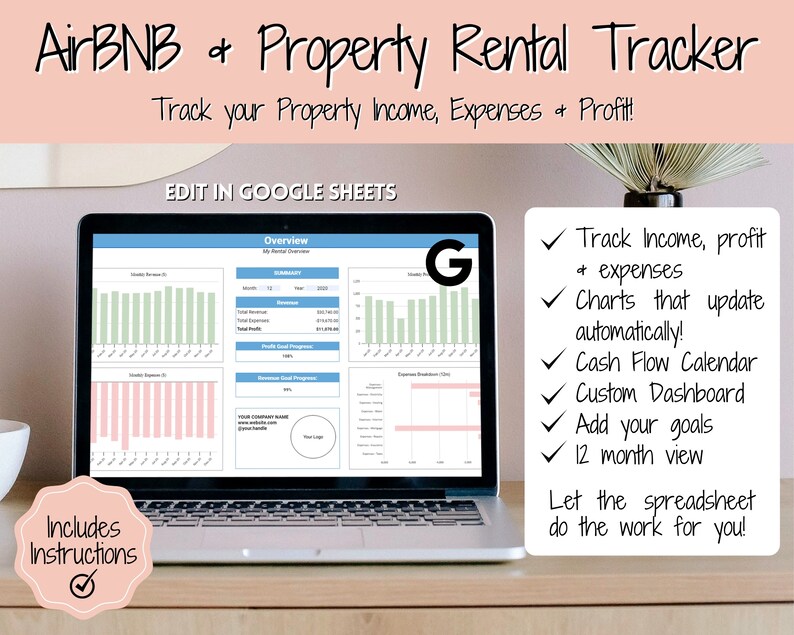 Peut inclure: Un ordinateur portable affichant un tableur Google Sheet avec un sch&eacute;ma de couleurs vert et rose. Le tableur est intitul&eacute; "Aper&ccedil;u" et comprend des graphiques et des diagrammes. Le texte "AirBNB & Property Rental Tracker" est en haut de l'image. Le texte "Track your Property Income, Expenses & Profit!" est sous le titre. Le texte "EDIT IN GOOGLE SHEETS" est sous le texte. Le texte "Includes Instructions" est dans le coin inf&eacute;rieur gauche de l'image. Le texte "Track Income, profit + expenses" est dans le coin sup&eacute;rieur droit de l'image. Le texte "Charts that update automatically!" est sous le texte. Le texte "Cash Flow Calendar" est sous le texte. Le texte "Custom Dashboard" est sous le texte. Le texte "Add your goals" est sous le texte. Le texte "12 month view" est sous le texte. Le texte "Let the spreadsheet do the work for you!" est sous le texte.
