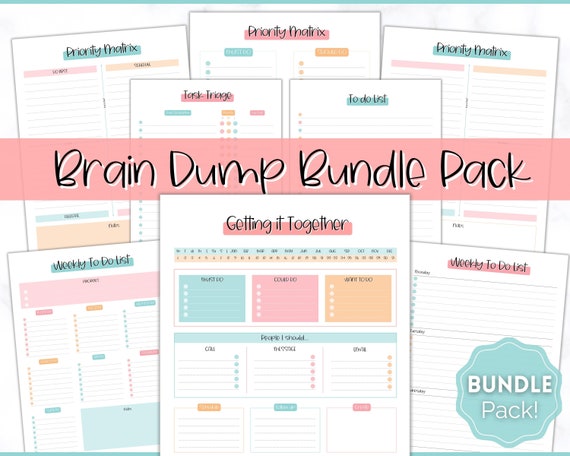 Brain Dump Printable BUNDLE, To Do List, ADHD Planner, Daily Template, Productivity, Priority Matrix, Work Day, Task Thoughts Organizer PDF