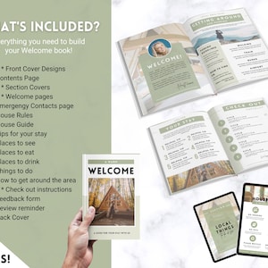 May include: A set of printable welcome book pages for guests staying in a vacation rental. The pages include a welcome message, house rules, tips for the area, and a check-out checklist. The pages are designed with a rustic, nature-inspired theme.