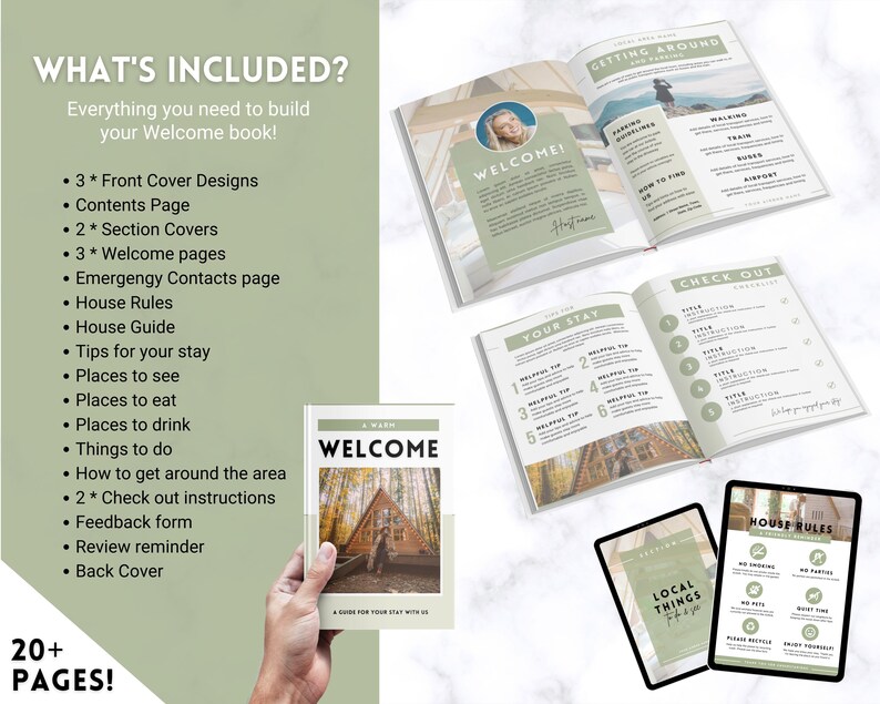 May include: A set of printable welcome book pages for guests staying in a vacation rental. The pages include a welcome message, house rules, tips for the area, and a check-out checklist. The pages are designed with a rustic, nature-inspired theme.