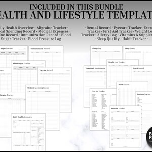 May include: A set of printable health and lifestyle tracker templates. The templates include trackers for blood sugar, weight loss, sleep quality, exercise, vitamins, and more. The templates are black and white and have a simple design.
