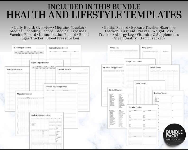 May include: A set of printable health and lifestyle tracker templates. The templates include trackers for blood sugar, weight loss, sleep quality, exercise, vitamins, and more. The templates are black and white and have a simple design.