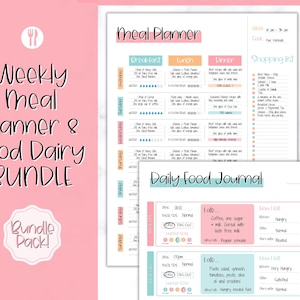 May include: A weekly meal planner and food diary bundle. The planner includes sections for breakfast, lunch, and dinner, with a shopping list and a daily food journal. The bundle is designed with a pink and teal color scheme.