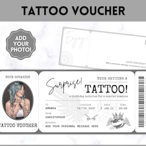 Cartão-presente de tatuagem EDITÁVEL, modelo de bilhete de tatuagem, vale-presente de tatuagem, certificado de presente de aniversário, vale-presente de tatuagem surpresa, modelo Canva
