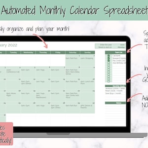 May include: A digital calendar spreadsheet on a laptop screen with a green and white color scheme. The calendar is for January 2022 and includes a task list, monthly goals, and notes sections. The text "Dates update automatically!" is at the bottom of the screen.
