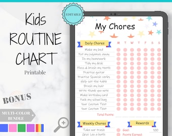 Kinder-Routine-Chart. Bearbeitbares Verhaltensmuster mit Chorkarte für Kinder inklusive.  Kinder-Belohnungskarte & Checkliste. Druckbare Karte. Jungen