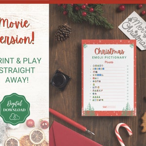 May include: A printable Christmas movie emoji pictionary game. The game features a red background with a white border and green Christmas trees. The game includes 12 rounds of emojis representing different Christmas movies.