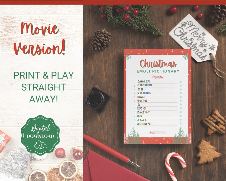 May include: A printable Christmas movie emoji pictionary game. The game features a red background with a white border and green Christmas trees. The game includes 12 rounds of emojis representing different Christmas movies.