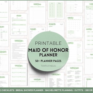 May include: Printable Maid of Honor Planner with 50+ pages of checklists, templates, and planning tools for bridal showers, hen parties, and more. The planner features a green and white floral design.