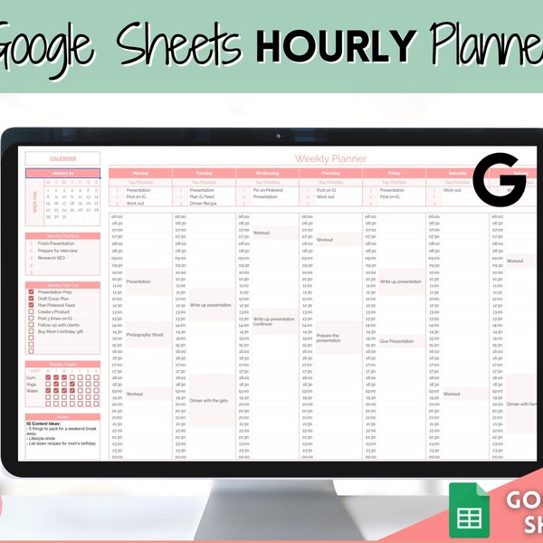 Google Sheets Weekly Hourly Planner, EDITABLE Spreadsheet, Weekly Schedule, Undated Daily Planner, 2024 Weekly Organizer, To Do List, ADHD