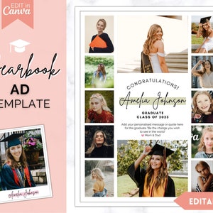 Jaarboek AD-sjabloon, Senior & High School afstuderen, Grad aankondiging, schooljaarboek, volledige pagina, fotokaart, jaarboekadvertentie, eerbetoon 2024