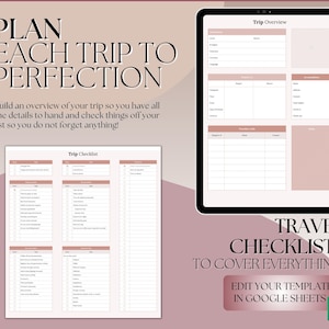Pu&ograve; includere: Un modello di checklist di viaggio stampabile con uno schema di colori rosa e bianco. Il modello include sezioni per la panoramica del viaggio, la lista di imballaggio e le cose da fare. Il testo "PLAN EACH TRIP TO PERFECTION" &egrave; in cima alla pagina. Il testo "TRAVEL CHECKLISTS TO COVER EVERYTHING!" &egrave; in fondo alla pagina. Il testo "EDIT YOUR TEMPLATE IN GOOGLE SHEETS" &egrave; in una casella verde in fondo alla pagina.