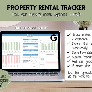 May include: A laptop displaying a property rental tracker spreadsheet. The screen shows charts and data for income, expenses, and profit. Text on the screen reads "Track your Property Income, Expenses & Profit!" and "Edit in Google Sheets."