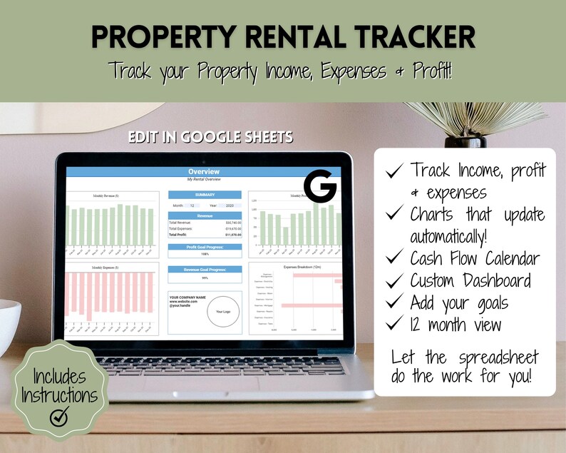 May include: A laptop displaying a property rental tracker spreadsheet. The screen shows charts and data for income, expenses, and profit. Text on the screen reads "Track your Property Income, Expenses & Profit!" and "Edit in Google Sheets."