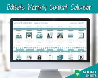 Editable Content Calendar, Google Sheets Spreadsheet, Social Media Manager, Monthly Content Planner,  Instagram, Youtube, TikTok, Influencer