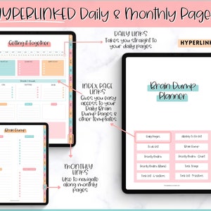 Puede incluir: Un planificador digital rosa con el texto "HYPERLINKED Daily & Monthly Pages" y "Brain Dump Planner". El planificador tiene secciones para p&aacute;ginas diarias, listas de tareas, correos electr&oacute;nicos prioritarios, tareas prioritarias, listas de tareas y listas de tareas semanales. El planificador tambi&eacute;n tiene una p&aacute;gina de &iacute;ndice con enlaces a p&aacute;ginas diarias de volcado cerebral y otras plantillas.