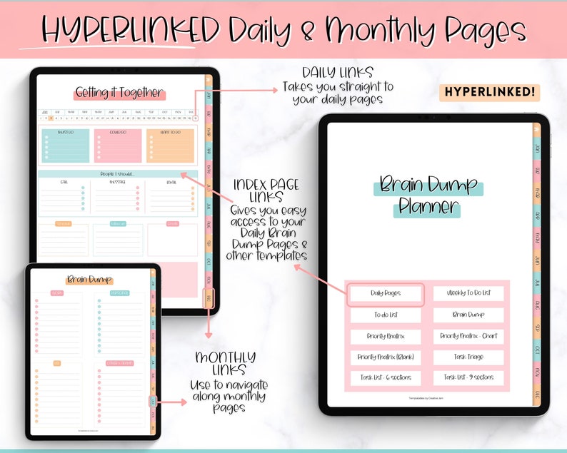Puede incluir: Un planificador digital rosa con el texto "HYPERLINKED Daily & Monthly Pages" y "Brain Dump Planner". El planificador tiene secciones para p&aacute;ginas diarias, listas de tareas, correos electr&oacute;nicos prioritarios, tareas prioritarias, listas de tareas y listas de tareas semanales. El planificador tambi&eacute;n tiene una p&aacute;gina de &iacute;ndice con enlaces a p&aacute;ginas diarias de volcado cerebral y otras plantillas.