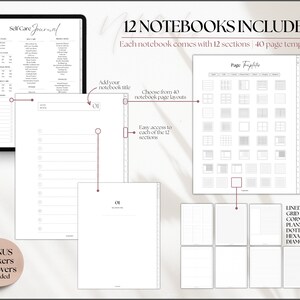 May include: A digital illustration of a self-care journal with 12 notebooks, each with 12 sections and 40 page templates. The image shows a variety of page layouts, including lined, grid, Cornell planners, dotted, hexagon, and diamond. The text "12 NOTEBOOKS INCLUDED" is displayed at the top of the image. The text "Each notebook comes with 12 sections | 40 page templates" is displayed below the title. The text "Page Templates" is displayed above the page layout examples. The text "LINED, GRID, CORNELL PLANNERS, DOTTED, HEXAGON, DIAMOND" is displayed on the right side of the image.